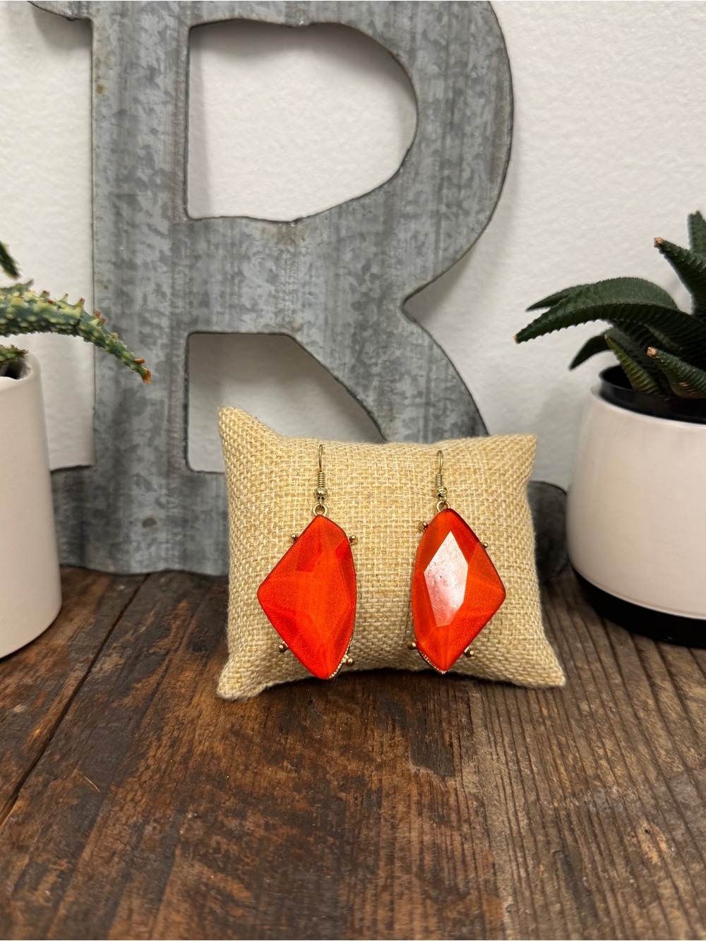 Vintage Ethel & Myrtle Gold-Tone Burnt Orange Geometric Drop Earrings